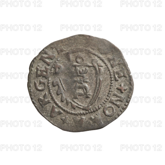 szelag, Gotard Kettler (Duke of Courland and Semigallia; 1561–1587), emblems, Kettlers (family), Kettler (coat of arms), monogram under a crown (iconographic), Lion of Courland (coat of arms), monograms. Obverse: crowned monogram composed of the letters SA inscribed in the Kettler family coat of arms; above the date numeral. Rim inscription between borders: NE+NO, +ARGEN. Reverse: Lion of Courland. Rim inscription between borders starting +DVCIS+, EMIG, 1576. Duchy of Courland and Semigallia, Mitawa. Coin, weight 0.88 g, axis 130°.