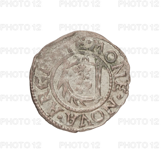 szelag; Gotard Kettler (Duke of Courland and Semigallia; 1561–1587); emblems of the Kettler family; crowned monogram composed of the letters SA inscribed in the Kettler family coat of arms (cauldron hook) above the date numeral 76 on the obverse; rim inscription .MONE.NOVA.ARG; reverse: Lion of Courland; rim inscription DVCIS.CV.T.SEMIG. 1576; Duchy of Courland and Semigallia; Mitawa; coin; weight 1.01 g; axis 180 degrees WQXBCFS