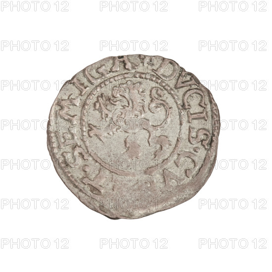 szelag, Gotard Kettler (Duke of Courland and Semigallia; 1561–1587); emblems and Kettler family monograms; monogram under a crown (iconographic); Kettler coat of arms; Lion of Courland (coat of arms). Obverse: crowned monogram composed of the letters SA inscribed in the Kettler family coat of arms (cauldron hook), above the date numeral 76; rim inscription .MONE.NOVA.ARG. Reverse: Lion of Courland; rim inscription DVCIS.CV.T.SEMIG. 1576. Duchy of Courland and Semigallia, Mitawa. Coin; weight 1.01 g; axis 180 degrees.