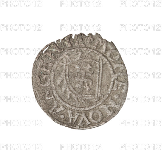 szelag, Gotard Kettler (Duke of Courland and Semigallia; 1561–1587), emblems, Kettlers (family), monogram under a crown (iconographic), Kettler (coat of arms), monograms, Lion of Courland (coat of arms). Obverse: crowned monogram composed of the letters SA inscribed in the Kettler family coat of arms (cauldron hook), above the date numeral 76; rim between borders with inscription beginning with a lily flower MONE.NOVA.ARGENTE. Reverse: Lion of Courland; rim between borders with inscription beginning with a lily flower DVCIS.CVR.ET.SEMIGA. 1576, Duchy of Courland and Semigallia, Mitawa, coin, weight 0.83 g