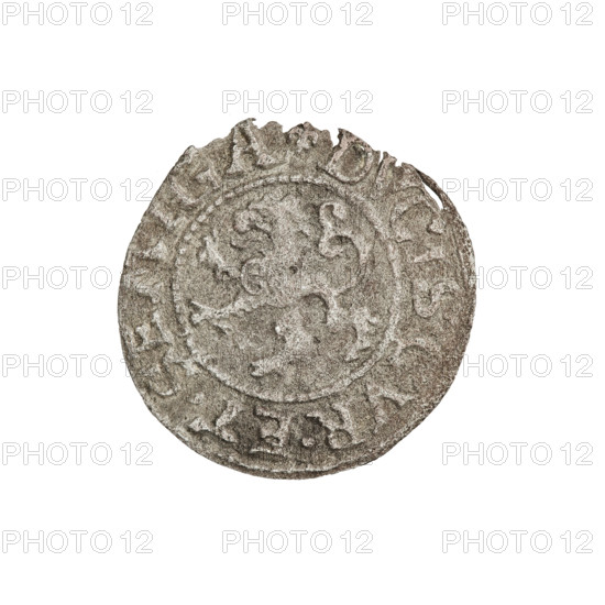 szelag, Gotard Kettler (Duke of Courland and Semigallia; 1561–1587); emblems and Kettler family monograms; crowned monogram composed of the letters SA inscribed in the Kettler family coat of arms on the obverse (cauldron hook) with the date numeral 76 above; rim inscription beginning with a lily flower MONE.NOVA.ARGENTE; reverse showing the Lion of Courland with rim inscription beginning with a lily flower DVCIS.CVR.ET.SEMIGA; 1576; Duchy of Courland and Semigallia, Mitawa; coin; weight 0.83 g