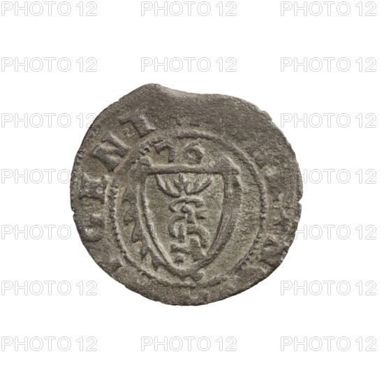 szelag, Gotard Kettler (Duke of Courland and Semigallia; 1561–1587), emblems, Kettlers (family), monogram under a crown (iconographic), Kettler (coat of arms), Lion of Courland (coat of arms), monograms. Obverse: crowned monogram composed of the letters SA inscribed in the Kettler family coat of arms (cauldron hook). Above the date numeral 76. In the rim, between the borders, the inscription GENT Rw. Lion of Courland. In the rim, between the borders, the inscription +DVCI, CVR+, A, 1576. Duchy of Courland and Semigallia, Mitawa. Coin, weight 0.68 g, axis 60 degrees.