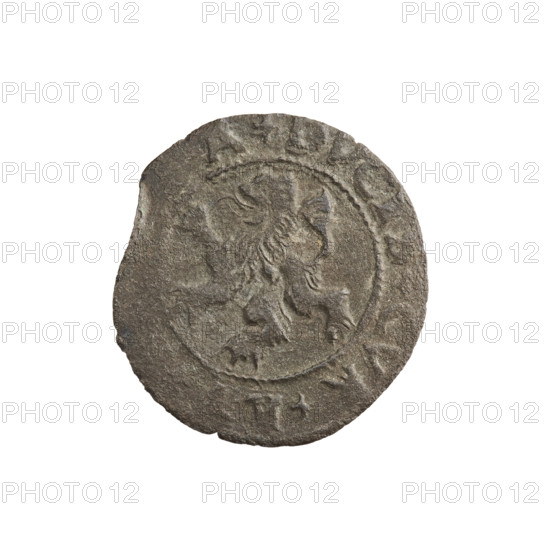 szelag, Gotard Kettler (Duke of Courland and Semigallia; 1561–1587); emblems; Kettler family; crowned monogram under a crown (iconographic); Kettler coat of arms; Lion of Courland coat of arms; monograms. Obverse: crowned monogram composed of the letters SA inscribed in the Kettler family coat of arms (cauldron hook), above the date numeral 76. Rim inscriptions between borders: GENT Rw. Lion of Courland; +DVCI, CVR+, A, 1576. Duchy of Courland and Semigallia, Mitawa. Coin; weight 0.68 g; axis 60°.