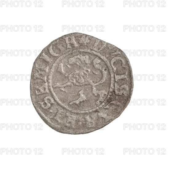 szelag, Gotard Kettler (Duke of Courland and Semigallia; 1561–1587), emblems, monogram under a crown (iconographic), Kettler (coat of arms), Lion of Courland (coat of arms), Kettlers (family), monograms. Obverse: Crowned monogram composed of the letters SA inscribed in the Kettler family coat of arms (cauldron hook). Above the date numeral 76. In the rim, between the borders, an inscription beginning with a rosette MONE.NOVA.ARGENTE. Reverse: Lion of Courland. In the rim between the borders an inscription beginning with a rosette DVCIS.CVR.ET.SEMIGA. 1576. Duchy of Courland and Semigallia, Mitawa. Coin, weight 0.78 g, axis 90 degrees.