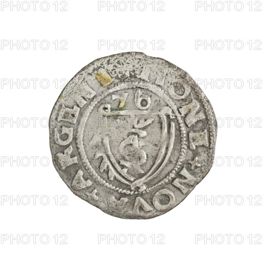 Szelag, Gotard Kettler (Duke of Courland and Semigallia; 1561–1587). Obverse: crowned monogram composed of the letters SA inscribed in the Kettler family coat of arms (cauldron hook), above the date numeral 76; rim inscription MONE+NOVA+ARGENT. Reverse: Lion of Courland; rim inscription DVCIS+CVR+ET+. 1576. Duchy of Courland and Semigallia, Mitawa. Coin, weight 1.03 g, axis 45°.