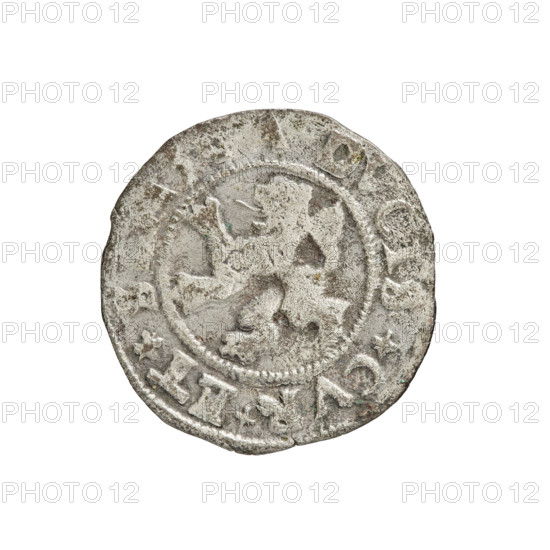 szelag, Gotard Kettler (Duke of Courland and Semigallia; 1561–1587), emblems, monogram under a crown (iconographic), Kettler (coat of arms), Kettlers (family), Lion of Courland (coat of arms), monograms. Obverse: Crowned monogram composed of the letters SA inscribed in the Kettler family coat of arms (cauldron hook), above the date numeral 76; rim inscription MONE+NOVA+ARGENT. Reverse: Lion of Courland; rim inscription DVCIS+CVR+ET+; 1576. Duchy of Courland and Semigallia, Mitawa; coin, weight 1.03 g, axis 45°.