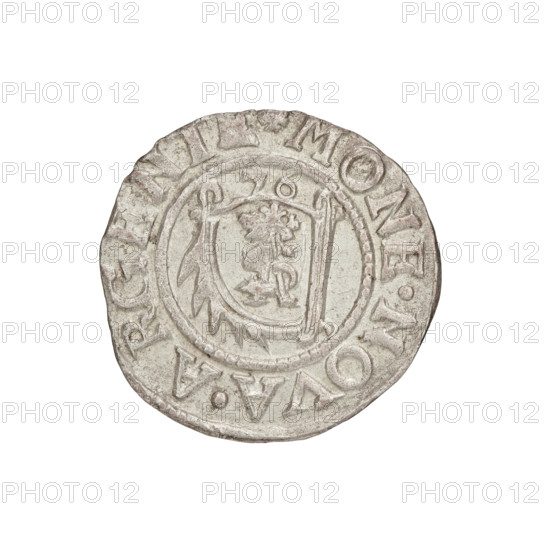 szelag, Gotard Kettler (Duke of Courland and Semigallia; 1561–1587), emblems, Kettlers (family), Kettler (coat of arms), Lion of Courland (coat of arms), monogram under a crown (iconographic), monograms. Obverse: Crowned monogram composed of the letters SA inscribed in the Kettler family coat of arms (cauldron hook), above the date numeral 76. On the rim, between the borders, inscription beginning with a rosette MONE.NOVA.ARGENTE. Reverse: Lion of Courland. On the rim, between the borders, inscription DVCI, ET.SEMIGA, 1576. Duchy of Courland and Semigallia, Mitawa; coin; weight 1.02 g; axis 90 degrees.