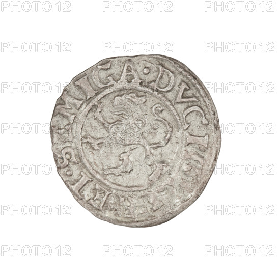 szelag, Gotard Kettler (Duke of Courland and Semigallia; 1561–1587); emblems: Kettlers (family), Kettler coat of arms, Lion of Courland (coat of arms); monogram under a crown (iconographic), monograms. Obverse: crowned monogram composed of the letters SA inscribed in the Kettler family coat of arms (cauldron hook), above the date numeral 76; rim inscription beginning with a rosette MONE·NOVA·ARGENTE. Reverse: Lion of Courland; rim inscription DVCI·ET·SEMIGA·1576. Duchy of Courland and Semigallia, Mitawa; coin; weight 1.02 g; axis 90°.