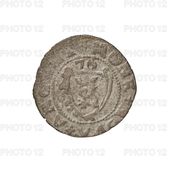 szelag, Gotard Kettler (Duke of Courland and Semigallia; 1561–1587); emblems; Kettlers (family); Kettler (coat of arms); Lion of Courland (coat of arms); monogram under a crown (iconographic); monograms. Obv.: Crowned monogram composed of the letters SA inscribed in the Kettler family coat of arms (cauldron hook). Above the date numeral 76. In the rim between the borders the inscription +MONE+NOVA+AR+. Rev.: Lion of Courland. In the rim between the borders the inscription +D,+SEMIG, 1576. Duchy of Courland and Semigallia, Mitawa; coin; weight 0.82 g; axis 320°.