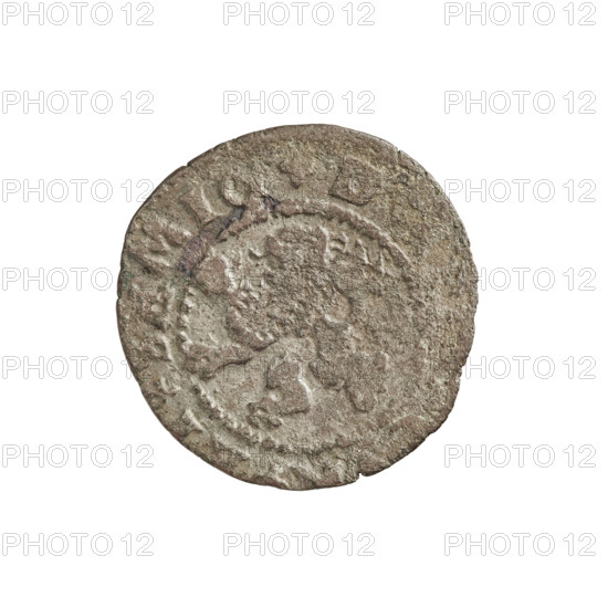 szelag, Gotard Kettler (Duke of Courland and Semigallia; 1561–1587); emblems; Kettlers (family); Kettler coat of arms; Lion of Courland (coat of arms); monogram under a crown; monograms. Obverse: crowned monogram composed of the letters SA inscribed in the Kettler family coat of arms (cauldron hook), above the date numeral 76; rim inscription +MONE+NOVA+AR+. Reverse: Lion of Courland; rim inscription +D,+SEMIG, 1576. Duchy of Courland and Semigallia, Mitawa; coin; weight 0.82 g; axis 320°.