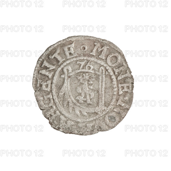 szelag, Gotard Kettler (Duke of Courland and Semigallia; 1561–1587); obverse: crowned monogram composed of the letters SA inscribed in the Kettler family coat of arms (cauldron hook), above the date numeral 76; rim inscription beginning with a circle MONE.NO, GENTE Rw; reverse: Lion of Courland (coat of arms) and monograms; rim inscription beginning with a rosette, IS.CVR.ET.SEMIG, 1576; emblems of the Kettler family; Duchy of Courland and Semigallia, Mitawa; coin; weight 0.85 g; axis 130°.