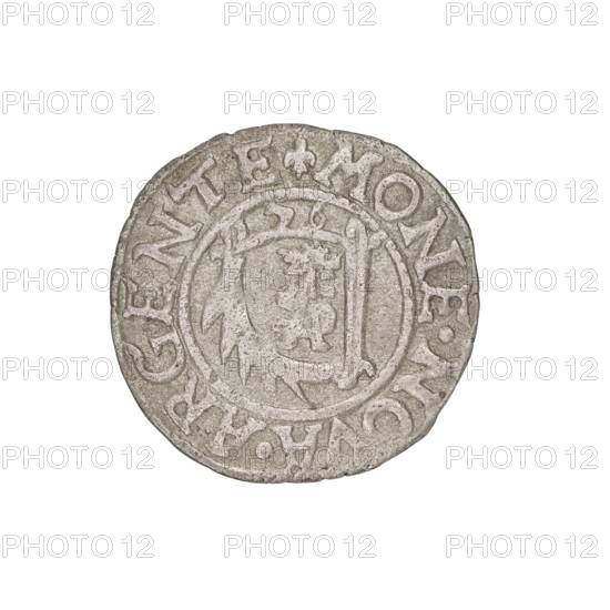 szelag, Gotard Kettler (Duke of Courland and Semigallia; 1561–1587); emblems and monogram under a crown (iconographic); Kettlers (family); Kettler (coat of arms); Lion of Courland (coat of arms); monograms. Obverse: crowned monogram composed of the letters SA inscribed in the Kettler family coat of arms (cauldron hook), above the date numeral 76; rim between borders with an inscription beginning with a lily flower MONE.NOVA.ARGENTE. Reverse: Lion of Courland; rim between borders with an inscription beginning with a lily flower, the second lily flower in the legend after the word ET DVCIS.C.VR.ET, IGAL. Date: 1576. Duchy of Courland and Semigallia, Mitawa. Coin; weight 0.91 g; axis 320°.