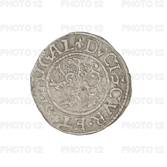 szelag, Gotard Kettler (Duke of Courland and Semigallia; 1561–1587); emblems; monogram under a crown (iconographic); Kettlers (family); Kettler (coat of arms); Lion of Courland (coat of arms); monograms. Obverse: crowned monogram composed of the letters SA inscribed in the Kettler family coat of arms (cauldron hook). Above the date numeral 76. In the rim, between the borders, an inscription beginning with a lily flower MONE.NOVA.ARGENTE. Reverse: Lion of Courland. In the rim between the borders an inscription beginning with a lily flower, the second lily flower in the legend after the word ET DVCIS.C.VR.ET, IGAL. Date: 1576. Duchy of Courland and Semigallia, Mitawa. Coin; weight 0.91 g; axis 320°.
