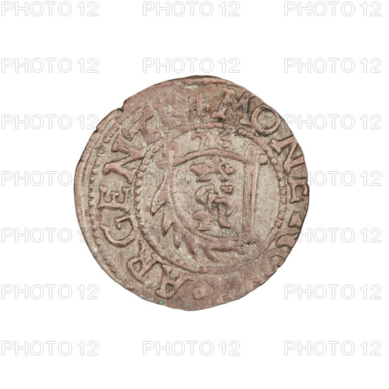 Szelag; Gotard Kettler (Duke of Courland and Semigallia; 1561–1587). Silver coin (1576), Mitawa. Obverse: crowned monogram composed of the letters S A inscribed in the Kettler family coat of arms (cauldron hook); above the date numeral 76; rim between borders with inscription beginning with a lily flower MON .ARGENTE. Reverse: Lion of Courland; rim between borders with inscription beginning with a lily flower DV, CVR.ET.SEMIGAL. Weight 1.01 g; axis 140°.