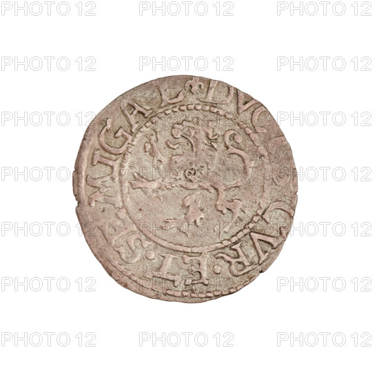szelag, Gotard Kettler (Duke of Courland and Semigallia; 1561–1587), emblems, monogram under a crown (iconographic), Kettlers (family), Lion of Courland (coat of arms), monograms, Kettler (coat of arms). Obverse: Crowned monogram composed of the letters SA inscribed in the Kettler family coat of arms (cauldron hook). Above the date numeral 76. In the rim, between the borders, an inscription beginning with a lily flower MON .ARGENTE. Reverse: Lion of Courland. In the rim between the borders an inscription beginning with a lily flower DV, CVR.ET.SEMIGAL, 1576. Duchy of Courland and Semigallia, Mitawa; coin, weight 1.01 g, axis 140°.