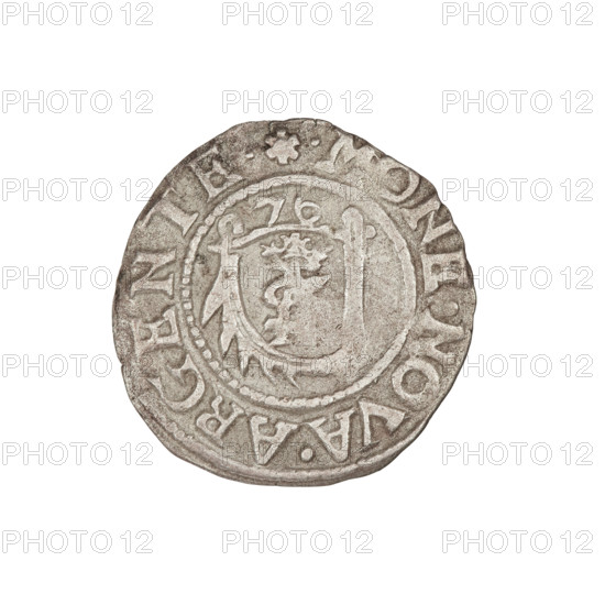 szelag, Gotard Kettler (Duke of Courland and Semigallia; 1561–1587), emblems, Kettlers (family), monogram under a crown (iconographic), Kettler (coat of arms), Lion of Courland (coat of arms), monograms. Obverse: crowned monogram composed of the letters SA inscribed in the Kettler family coat of arms (cauldron hook), above the date numeral 76; on the rim between the borders an inscription beginning with a rosette .MONE.NOVA.ARGENTE. Reverse: Lion of Courland; in the rim between the borders an inscription beginning with a rosette DVCIS:CVR.ET.SEMIGA. 1576. Duchy of Courland and Semigallia, Mitawa. Coin, weight 1.00 g, axis 200 degrees.