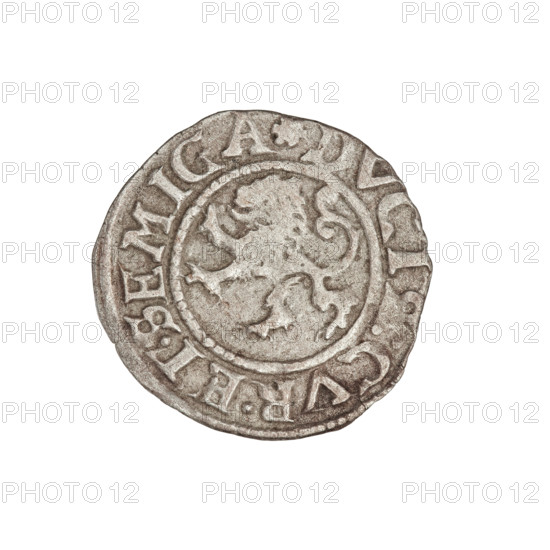 szelag, Gotard Kettler (Duke of Courland and Semigallia; 1561–1587); emblems; Kettlers (family); monogram under a crown (iconographic); Kettler (coat of arms); Lion of Courland (coat of arms); monograms. Obverse: Crowned monogram composed of the letters SA inscribed in the Kettler family coat of arms (cauldron hook), above the date numeral 76; on the rim between the borders an inscription beginning with a rosette .MONE.NOVA.ARGENTE. Reverse: Lion of Courland; in the rim between the borders an inscription beginning with a rosette DVCIS:CVR.ET.SEMIGA. Date: 1576. Duchy of Courland and Semigallia, Mitawa. Coin; weight 1.00 g; axis 200°.