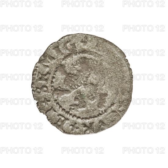 szelag, Gotard Kettler (Duke of Courland and Semigallia; 1561–1587); emblems; Kettlers (family); monogram under a crown (iconographic); Kettler (coat of arms); Lion of Courland (coat of arms); monograms. Obverse: Crowned monogram composed of the letters SA inscribed in the Kettler family coat of arms (cauldron hook). Above the date numeral 76. Rim between borders inscription: +MONE, A+A, GE. Reverse: Lion of Courland. Rim between borders inscription: +, +CVR+E, +SEMIG, 1576. Mitawa, Duchy of Courland and Semigallia. Coin; weight 0.85 g; axis 180 degrees.