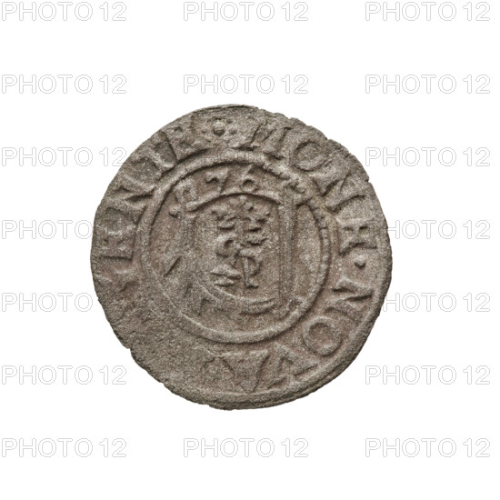 szelag, Gotard Kettler (Duke of Courland and Semigallia; 1561–1587); emblems; Kettlers (family); monogram under the crown (iconographic); Kettler (coat of arms); Lion of Courland (coat of arms); monograms. Obv.: Crowned monogram composed of the letters SA inscribed in the Kettler family coat of arms (boiler hook). Above the date numeral 76. On the rim, between the borders, an inscription beginning with a rosette MONE.NOVA, ENTE. Rev.: Lion of Courland. In the rim between the borders an inscription beginning with a rosette DVCIS.CVR.ET.SEM, 1576. Duchy of Courland and Semigallia, Mitawa; coin; weight 0.74 g; axis 180°.
