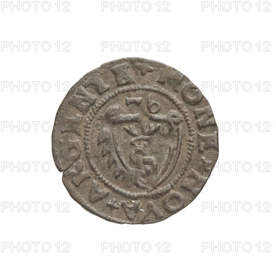 szelag, Gotard Kettler (Duke of Courland and Semigallia; 1561–1587), emblems, monogram under a crown (iconographic), Lion of Courland (coat of arms), Kettler (coat of arms), monograms, Kettlers (family). Obverse: crowned monogram composed of the letters SA inscribed in the Kettler family coat of arms (cauldron hook), above the date numeral 76; on the rim between the borders the inscription +MONE+NOVA+ARGENTE+. Reverse: Lion of Courland; in the rim between the borders the inscription +DVCIS+CVR+ET+SEMIGA+. 1576. Duchy of Courland and Semigallia, Mitawa; coin; weight 0.85 g; axis 180 degrees.