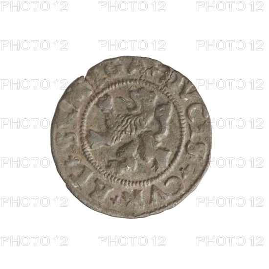 szelag, Gotard Kettler (Duke of Courland and Semigallia; 1561–1587), emblems, monogram under a crown (iconographic), Lion of Courland (coat of arms), Kettler (coat of arms), monograms, Kettlers (family). Obverse: Crowned monogram composed of the letters SA inscribed in the Kettler family coat of arms (cauldron hook). Above the date numeral 76. On the rim, between the borders, the inscription +MONE+NOVA+ARGENTE+. Reverse: Lion of Courland. In the rim between the borders the inscription +DVCIS+CVR+ET+SEMIGA+. 1576. Duchy of Courland and Semigallia, Mitawa. Coin, weight 0.85 g, axis 180 degrees.