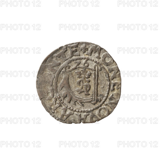 szelag, Gotard Kettler (Duke of Courland and Semigallia; 1561–1587), emblems, Kettlers (family), monogram under the crown (iconographic), Kettler (coat of arms), Lion of Courland (coat of arms), monograms, message. Obv.: Crowned monogram composed of the letters SA inscribed in the Kettler family coat of arms (cauldron hook). Above the date numeral 76. In the rim, between the borders, an inscription beginning with a lily flower MONE.NOVA.AR. Rw.: Lion of Courland. In the rim between the borders there is an inscription beginning with a lily flower DVCIS.CVR.ET. 1576. Duchy of Courland and Semigallia, Mitawa, coin, weight 0.98 g, axis 180°