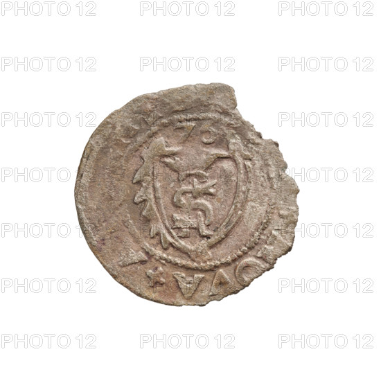 szelag forgery from the period, Gotard Kettler (Duke of Courland and Semigallia; 1561–1587), emblems, monogram under a crown (iconographic), Kettler (coat of arms), monograms, Lion of Courland (coat of arms), Kettlers (family), message. Obv.: Crowned monogram composed of the letters SA inscribed in the Kettler family coat of arms (boiler hook). Above the date numeral 76. In the rim, between the borders, the inscription +VA+A. Rev.: Lion of Courland. In the rim between the borders there is an inscription starting with a lily flower +DV. 1576. Duchy of Courland and Semigallia. Mitawa. Coin, weight 0.78 g.