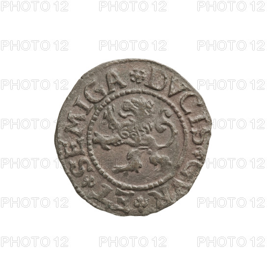 szelag, Gotard Kettler (Duke of Courland and Semigallia; 1561–1587), emblems, Kettlers (family), monogram under the crown (iconographic), Kettler (coat of arms), Lion of Courland (coat of arms), monograms, message. Obv. Crowned monogram composed of the letters SA inscribed in the Kettler family coat of arms (cauldron hook). Above the date numeral 76. In the rim, between the borders, an inscription beginning with a lily flower MONE.NOVA.A. Rv. Lion of Courland. In the rim between the borders there is an inscription beginning with a rosette DVCIS.CVR.ET.SEMIGA, 1576. Duchy of Courland and Semigallia, Mitawa, coin, weight 0.95 g, axis 320 degrees.