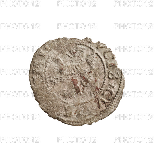 szelag, Gotard Kettler (Duke of Courland and Semigallia; 1561–1587), emblems, Kettlers (family), monogram under the crown (iconographic), Kettler (coat of arms), Lion of Courland (coat of arms), monograms, message. Obv. Crowned monogram composed of the letters SA inscribed in the Kettler family coat of arms (cauldron hook). Above the date numeral 76. In the rim, between the borders, the inscription +NOVA+. Rev. Lion of Courland. In the rim, between the borders, the inscription S+CV, 1576. Duchy of Courland and Semigallia, Mitawa, coin, weight 0.72 g, axis 160 degrees
