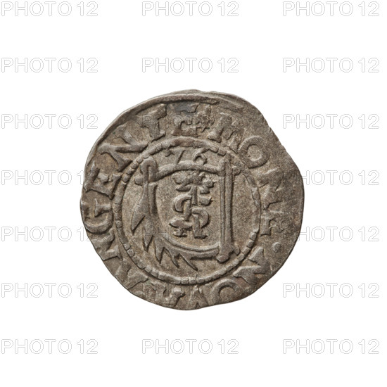 szelag, Gotard Kettler (Duke of Courland and Semigallia; 1561–1587), emblems, Kettlers (family), monogram under a crown (iconographic), Kettler (coat of arms), Lion of Courland (coat of arms), monograms. Obv.: Crowned monogram composed of the letters SA inscribed in the Kettler family coat of arms (cauldron hook). Above the date numeral 76. On the rim, between the borders, an inscription beginning with a lily flower MO .N GENTE Rw. Lion of Courland. In the rim between the borders there is an inscription beginning with a lily flower, .ET.SEMI, 1576, Mitawa, Duchy of Courland and Semigallia, coin, weight 0.93 g