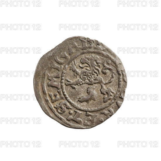 szelag, Gotard Kettler (Duke of Courland and Semigallia; 1561-1587), emblems, Kettlers (family), monogram under a crown (iconographic), Kettler (coat of arms), Lion of Courland (coat of arms), monograms. Obv. Crowned monogram composed of the letters SA inscribed in the Kettler family coat of arms (cauldron hook). Above the date numeral 76. On the rim, between the borders, an inscription beginning with a lily flower MO, .N, GENTE Rw. Lion of Courland. In the rim between the borders there is an inscription beginning with a lily flower, .ET.SEMI, 1576, Mitawa, Duchy of Courland and Semigallia, coin, weight 0.93 g