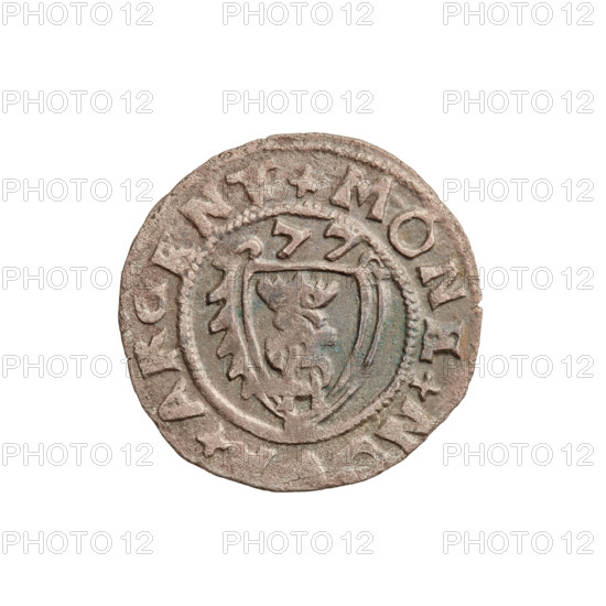 szelag, Gotard Kettler (Duke of Courland and Semigallia; 1561–1587), emblems, Kettlers (family), monogram under the crown (iconographic), Kettler (coat of arms), Lion of Courland (coat of arms), monograms. Obverse: Crowned monogram composed of the letters SA inscribed in the Kettler family coat of arms (cauldron hook). Above the date numeral 77. On the rim, between the borders, the inscription +MONE+NOVA+ARGENT+. Reverse: Lion of Courland. In the rim between the borders the inscription +DVCIS+CVR+ET+SEMIG+. 1577, Duchy of Courland and Semigallia, Mitawa; coin; weight 1.01 g; axis 90°.