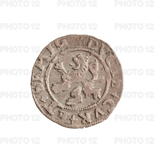 szelag, Gotard Kettler (Duke of Courland and Semigallia; 1561–1587), emblems, Kettlers (family), monogram under the crown (iconographic), Kettler (coat of arms), Lion of Courland (coat of arms), monograms. Obverse: Crowned monogram composed of the letters SA inscribed in the Kettler family coat of arms (cauldron hook). Above the date numeral 77. On the rim, between the borders, the inscription +MONE+NOVA+ARGENT+. Reverse: Lion of Courland. In the rim between the borders the inscription +DVCIS+CVR+ET+SEMIG+. 1577, Duchy of Courland and Semigallia, Mitawa, coin, weight 1.01 g, axis 90 degrees.