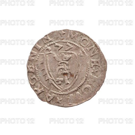 szelag, Gotard Kettler (Duke of Courland and Semigallia; 1561–1587); emblems; Kettlers (family); monogram under the crown (iconographic); Kettler coat of arms; Lion of Courland (coat of arms); monograms; Obv.: Crowned monogram composed of the letters SA inscribed in the Kettler family coat of arms (cauldron hook). Above the date numeral 77. On the rim, between the borders, the inscription +MONE+ +ARGE+. Rev.: Lion of Courland. In the rim between the borders the inscription +DVCIS+CVR+ET+ and date 1577. Duchy of Courland and Semigallia, Mitawa; coin; weight 0.68 g; axis 330°.