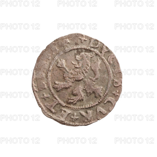 szelag, Gotard Kettler (Duke of Courland and Semigallia; 1561–1587), emblems, Kettlers (family), monogram under the crown (iconographic), Kettler (coat of arms), Lion of Courland (coat of arms), monograms. Obverse: crowned monogram composed of the letters SA inscribed in the Kettler family coat of arms (cauldron hook), above the date numeral 77; on the rim between the borders the inscription +MONE+,+ARGE. Reverse: Lion of Courland; in the rim between the borders the inscription +DVCIS+CVR+ET+, 1577. Duchy of Courland and Semigallia, Mitawa; coin, weight 0.68 g, axis 330°.