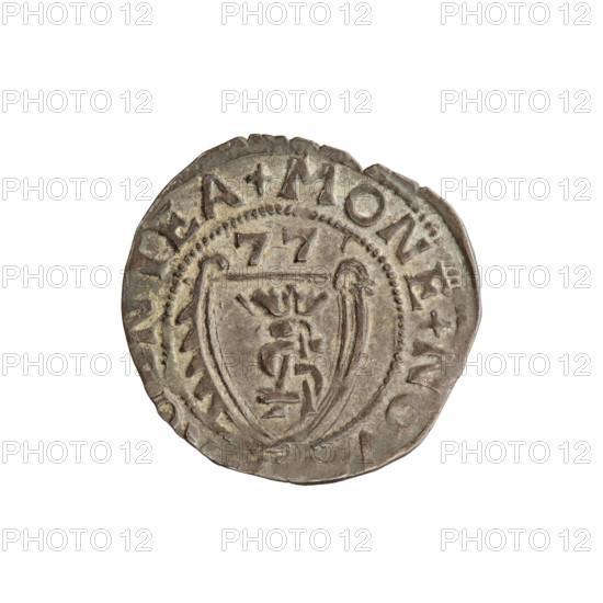 szelag, Gotard Kettler (Duke of Courland and Semigallia; 1561–1587), emblems, Kettlers (family), monogram under a crown, Kettler (coat of arms), Lion of Courland (coat of arms), monograms. Obverse: Crowned monogram composed of the letters SA inscribed in the Kettler family coat of arms (boiler hook). Above the date numeral 77. On the rim, between the borders, the inscription +MONE+N. Reverse: Lion of Courland. In the rim between the borders the inscription +, CIS+CVR+ET+, date 1577. Duchy of Courland and Semigallia, Mitawa, coin, weight 1.00 g, axis 330°.