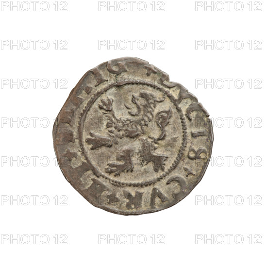 szelag, Gotard Kettler (Duke of Courland and Semigallia; 1561–1587), emblems, Kettlers (family), monogram under a crown, Kettler (coat of arms), Lion of Courland (coat of arms), monograms. Obv.: Crowned monogram composed of the letters SA inscribed in the Kettler family coat of arms (boiler hook). Above the date numeral 77. On the rim, between the borders, the inscription +MONE+N, TEA Rw. Lion of Courland. In the rim between the borders there is an inscription +, CIS+CVR+ET+, 1577. Duchy of Courland and Semigallia, Mitawa; coin, weight 1.00 g; axis 330°.