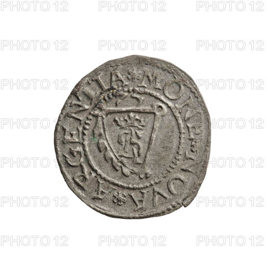 szelag, Gotard Kettler (Duke of Courland and Semigallia; 1561–1587), emblems, Kettlers (family), monogram under a crown (iconographic), Kettler (coat of arms), Lion of Courland (coat of arms), monograms. Obverse: Crowned monogram composed of the letters SA inscribed in the Kettler family coat of arms (cauldron hook). Above the date numeral 77. On the rim between the borders an inscription, between the words rosettes: MONE NOVA ARGENTIA. Reverse: Lion of Courland. In the rim between the borders an inscription, between the words rosettes: DVCA CVR ET SEMEGAL, 1577. Duchy of Courland and Semigallia, Mitawa. Coin, weight 0.91 g, axis 200°.