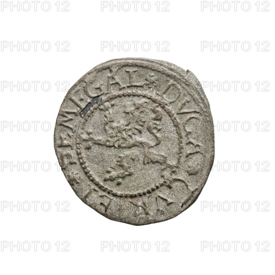 szelag, Gotard Kettler (Duke of Courland and Semigallia; 1561–1587), emblems, Kettlers (family), monogram under a crown (iconographic), Kettler (coat of arms), Lion of Courland (coat of arms), monograms. Obverse: crowned monogram composed of the letters SA inscribed in the Kettler family coat of arms (cauldron hook); above the date numeral 77; on the rim between the borders an inscription, between the words rosettes MONE NOVA ARGENTIA. Reverse: Lion of Courland; on the rim between the borders an inscription, between the words rosettes DVCA CVR ET SEMEGAL, 1577. Duchy of Courland and Semigallia, Mitawa; coin; weight 0.91 g; axis 200 degrees.