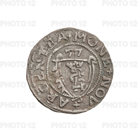 szelag, Gotard Kettler (Duke of Courland and Semigallia; 1561–1587); emblems; Kettlers (family); monogram under a crown (iconographic); Kettler (coat of arms); monograms; Lion of Courland (coat of arms). Obverse: crowned monogram composed of the letters SA inscribed in the Kettler family coat of arms (cauldron hook), above the date numeral 77; rim inscription between borders: MON+NOV+AR. Reverse: Lion of Courland; rim inscription between borders: DVCINOVR+ET+SEMIGA, 1577. Duchy of Courland and Semigallia, Mitawa; coin; weight 0.90 g.