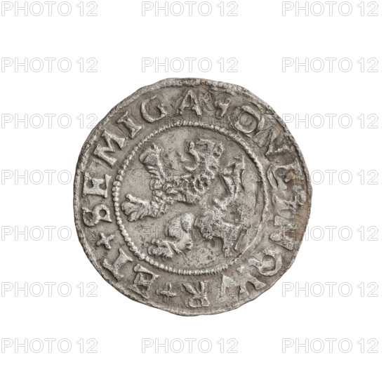 szelag, Gotard Kettler (Duke of Courland and Semigallia; 1561–1587), emblems, Kettlers (family), monogram under a crown (iconographic), Kettler (coat of arms), monograms, Lion of Courland (coat of arms). Obv.: Crowned monogram composed of the letters SA inscribed in the Kettler family coat of arms (cauldron hook). Above the date numeral 77. On the rim, between the borders, inscription: MON + NOV + AR. Rev.: Lion of Courland. In the rim between the borders the inscription: DVCINOVR + ET + SEMIGA, 1577. Duchy of Courland and Semigallia, Mitawa. Coin, weight 0.90 g.