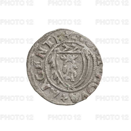 szelag; Gotard Kettler (Duke of Courland and Semigallia; r. 1561–1587); emblems of the Kettler family; crowned monogram composed of the letters SA inscribed in the Kettler family coat of arms (cauldron hook) above the date numeral 77 on the obverse; rim inscription + A+ARGENTE between borders on the obverse; reverse: Lion of Courland with rim inscription + IS+CVR+ET+SEMI and date 1577; Duchy of Courland and Semigallia, Mitawa; coin; weight 0.98 g; axis 320°.