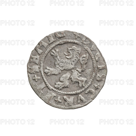 szelag, Gotard Kettler (Duke of Courland and Semigallia; 1561–1587), emblems, Kettlers (family), monogram under a crown (iconographic), Kettler (coat of arms), Lion of Courland (coat of arms), monograms. Obverse: Crowned monogram composed of the letters SA inscribed in the Kettler family coat of arms; above the date numeral 77; rim inscription +A+ARGENTE. Reverse: Lion of Courland; rim inscription +IS+CVR+ET+SEMI; 1577. Duchy of Courland and Semigallia, Mitawa; coin; weight 0.98 g; axis 320°.