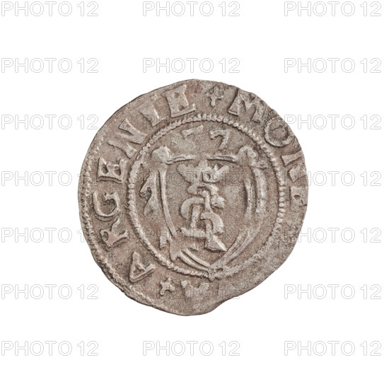 szelag, Gotard Kettler (Duke of Courland and Semigallia; 1561–1587), emblems, Kettlers (family), monogram under a crown (iconographic), Kettler (coat of arms), Lion of Courland (coat of arms), monograms. Obv: Crowned monogram composed of the letters SA inscribed in the Kettler family coat of arms (cauldron hook), above the date numeral 77; on the rim between borders the inscription +MO +ARGENTE. Rev: Lion of Courland; on the rim between borders the inscription +DVC +ET+SEMIGA, 1577. Duchy of Courland and Semigallia, Mitawa; coin, weight 1.04 g, axis 45°.