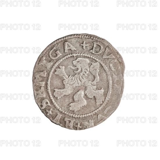 szelag, Gotard Kettler (Duke of Courland and Semigallia; 1561–1587), emblems, Kettlers (family), monogram under a crown (iconographic), Kettler (coat of arms), Lion of Courland (coat of arms), monograms. Obv. Crowned monogram composed of the letters SA inscribed in the Kettler family coat of arms (cauldron hook). Above the date numeral 77. On the rim, between the borders, the inscription +MO +ARGENTE Rw. Lion of Courland. On the rim, between the borders, the inscription +DVC +ET+SEMIGA, 1577, Duchy of Courland and Semigallia, Mitawa, coin, weight 1.04 g, axis 45 degrees