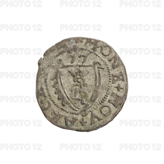 szelag, Gotard Kettler (Duke of Courland and Semigallia; 1561–1587), emblems, Kettlers (family), monogram under a crown (iconographic), Kettler (coat of arms), Lion of Courland (coat of arms), monograms. Obv.: Crowned monogram composed of the letters SA inscribed in the Kettler family coat of arms (cauldron hook). Above the date numeral 77. On the rim between the borders the inscription +MONE+NOV+ARG. Rev.: Lion of Courland. In the rim between the borders the inscription +DVC+IGAL+1577. Duchy of Courland and Semigallia, Mitawa. Coin, weight 0.68 g, axis 350°.