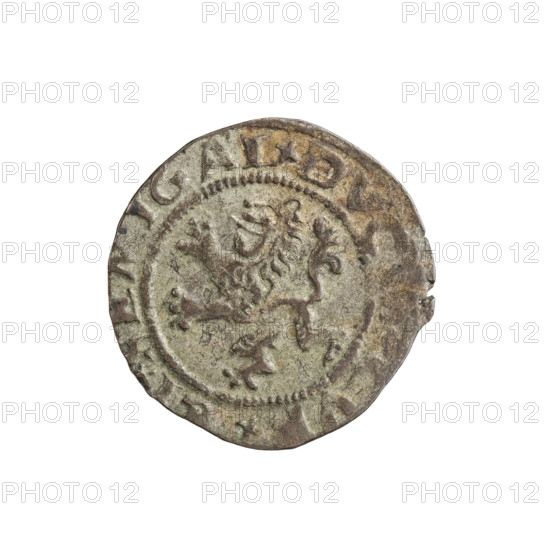 szelag, Gotard Kettler (Duke of Courland and Semigallia; 1561–1587); emblems; Kettlers (family); monogram under a crown (iconographic); Kettler coat of arms; Lion of Courland (coat of arms); monograms. Obverse: crowned monogram composed of the letters SA inscribed in the Kettler family coat of arms (cauldron hook), above the date numeral 77; rim between borders inscription +MONE+NOV+ARG. Reverse: Lion of Courland; rim between borders inscription +DVC,+, IGAL, 1577. Duchy of Courland and Semigallia, Mitawa; coin; weight 0.68 g; axis 350°.