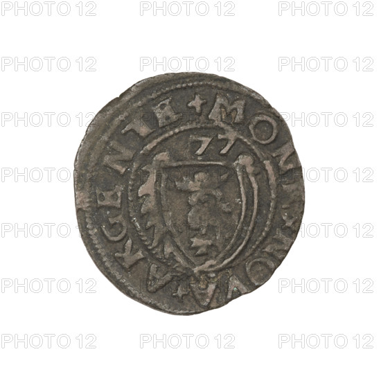 szelag forgery from the period, Gotard Kettler (Duke of Courland and Semigallia; 1561–1587) (for the original), emblems, Kettlers (family), monogram under a crown (iconographic), Kettler (coat of arms), Lion of Courland (coat of arms), monograms. Obverse: Crowned monogram composed of the letters SA inscribed in the Kettler family coat of arms (cauldron hook). Above the date numeral 77. On the rim between the borders the inscription +MONE+NOVA+ARGENTE+. Reverse: Lion of Courland. In the rim between the borders the inscription +DVCIS+CVR+ET+SEMIGAL. 1577. Duchy of Courland and Semigallia. Coin; weight 0.97 g; axis 110 degrees.