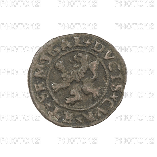 szelag forgery from the period, Gotard Kettler (Duke of Courland and Semigallia; 1561–1587) (for the original), emblems, Kettlers (family), monogram under a crown (iconographic), Kettler (coat of arms), Lion of Courland (coat of arms), monograms. Obverse: Crowned monogram composed of the letters SA inscribed in the Kettler family coat of arms (cauldron hook). Above the date numeral 77. On the rim, between the borders, the inscription +MONE+NOVA+ARGENTE+. Reverse: Lion of Courland. In the rim between the borders the inscription +DVCIS+CVR+ET+SEMIGAL+. 1577. Duchy of Courland and Semigallia. Coin, weight 0.97 g, axis 110 degrees.