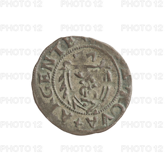 szelag, Gotard Kettler (Duke of Courland and Semigallia; 1561–1587), emblems, Kettlers (family), monogram under a crown (iconographic), Kettler (coat of arms), monograms, Lion of Courland (coat of arms). Obverse: crowned monogram composed of the letters SA inscribed in the Kettler family coat of arms (cauldron hook). Above the date numeral 77. In the rim between the borders the inscription VA+A, GENTE Rw. Lion of Courland. In the rim between the borders the inscription +DVCI, +CVR+E, 1577. Duchy of Courland and Semigallia, Mitawa, coin, weight 0.98 g.